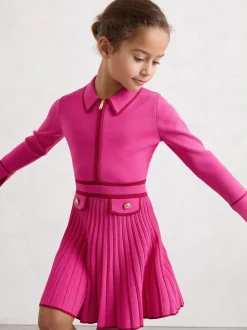 Reiss Bright Pink Anne 13-14 yrs Pleated Tipped Knit Dress
