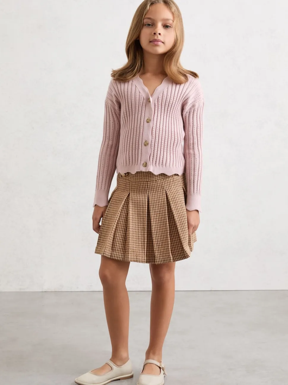 Reiss Brown Molly 9-13 yrs Puppytooth-Check Pleated Skirt