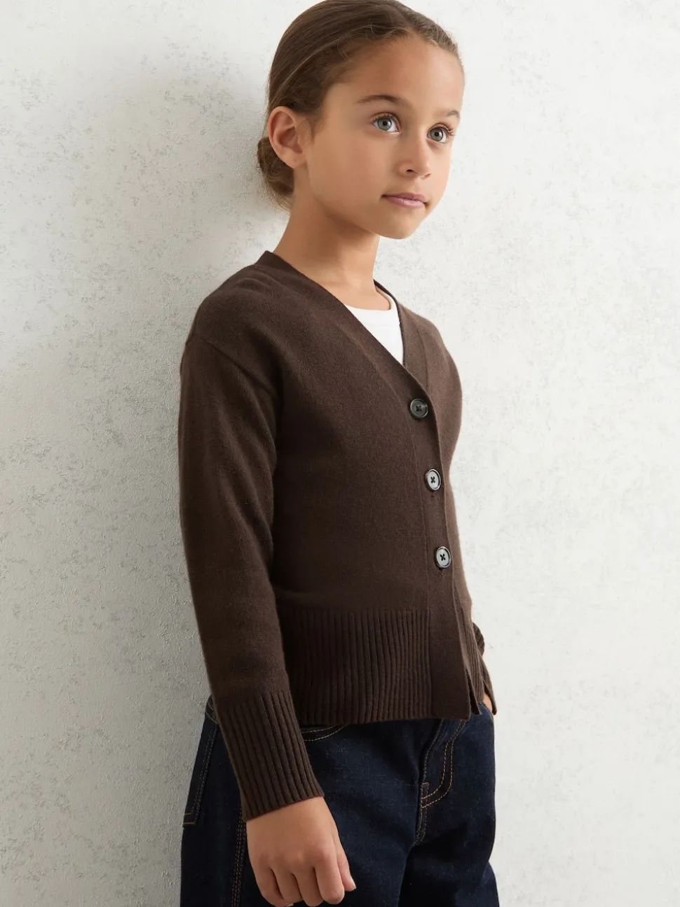 Reiss Brown Tyla 13-14 yrs Wool-Blend Fitted Cardigan With Cashmere