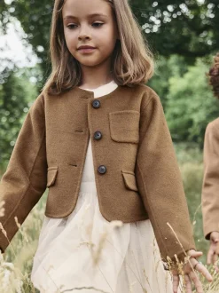 Reiss Camel Ami 9-13 yrs Wool-Blend Cropped Collarless Jacket