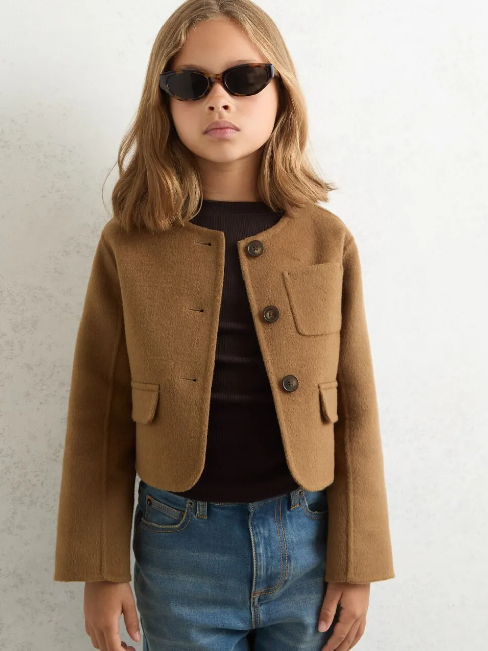 Reiss Camel Ami 9-13 yrs Wool-Blend Cropped Collarless Jacket