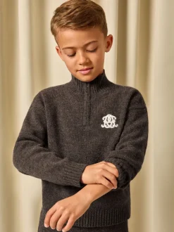 Reiss Chocolate Brown Curtis 3-9 yrs Monogram Relaxed Half-Zip Jumper Wool-Blend Unisex Fit