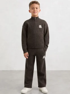 Reiss Chocolate Brown Curtis 9-13 yrs Monogram Relaxed Half-Zip Jumper Wool-Blend Unisex Fit