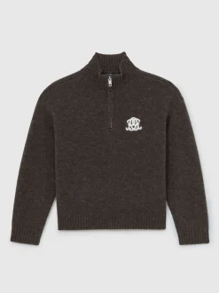 Reiss Chocolate Brown Curtis 9-13 yrs Monogram Relaxed Half-Zip Jumper Wool-Blend Unisex Fit