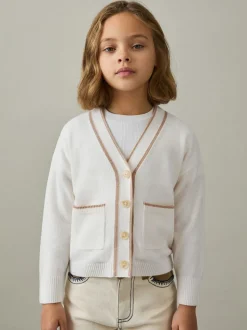 Reiss Cream Juni 4-9 yrs Wool-Blend Stripe-Detail Cardigan With Cashmere