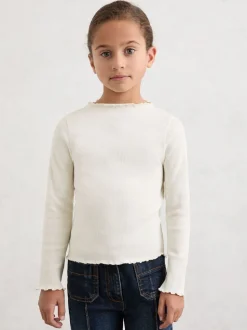 Reiss Ecru Brittany 3-9 yrs Stretch-Cotton Lettuce-Trim Ribbed Top