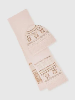 Reiss Ecru Farah Senior Fair Isle Hat And Scarf Set With Wool