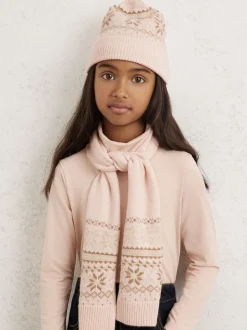 Reiss Ecru Farah Teen Fair Isle Hat And Scarf Set With Wool