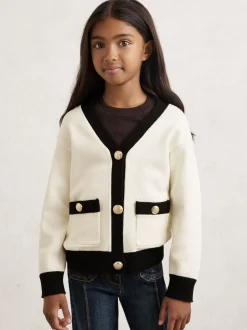 Reiss Ecru Mila 9-13 yrs Tipped V-Neck Cardigan