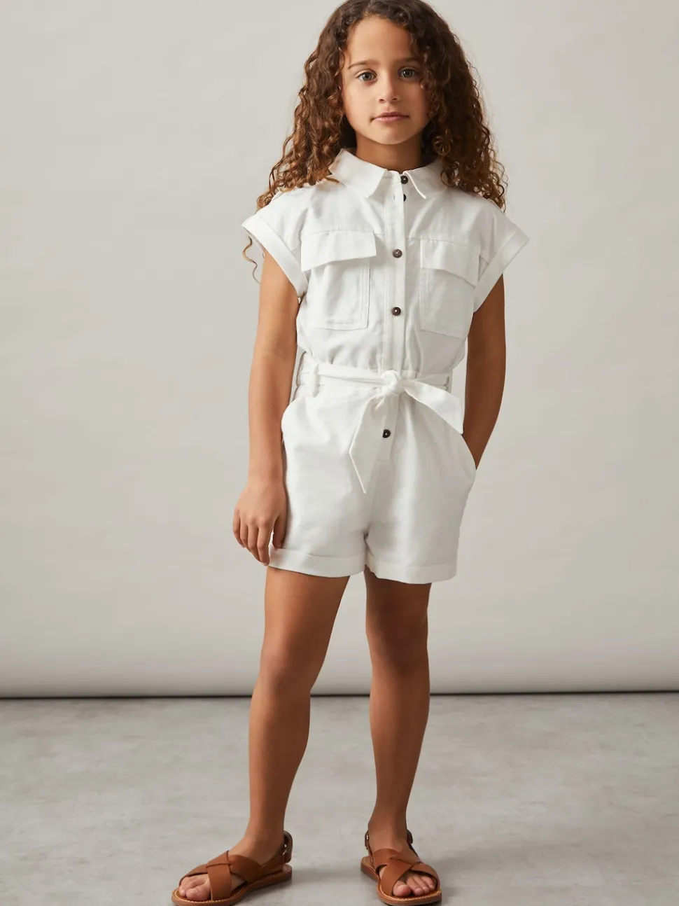 Reiss Ivory Zoe 9-13 yrs Cotton-Linen Belted Playsuit