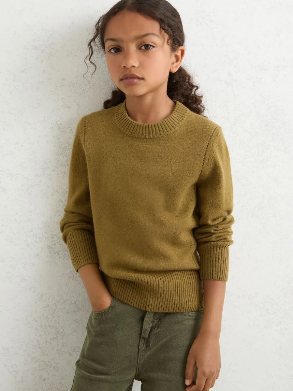 Reiss Khaki Green Anya 9-13 yrs Wool-Blend Open-Stitch Jumper with Cashmere