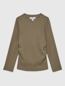 Reiss Khaki Trina 9-13 yrs Cotton Ruched Long-Sleeve T-Shirt with Stretch