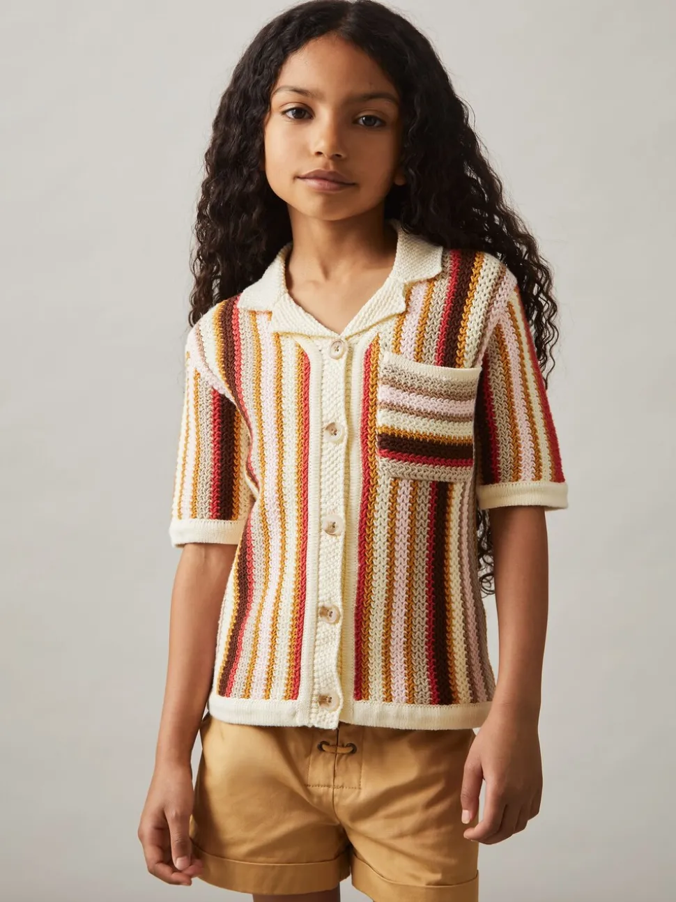 Reiss Multi Candy 4-9 yrs Cotton Striped Crochet Shirt