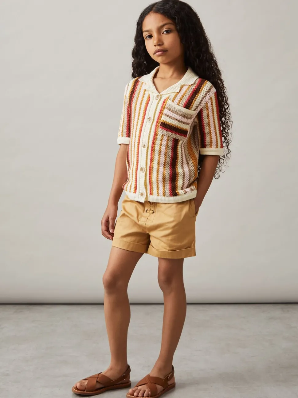 Reiss Multi Candy 4-9 yrs Cotton Striped Crochet Shirt
