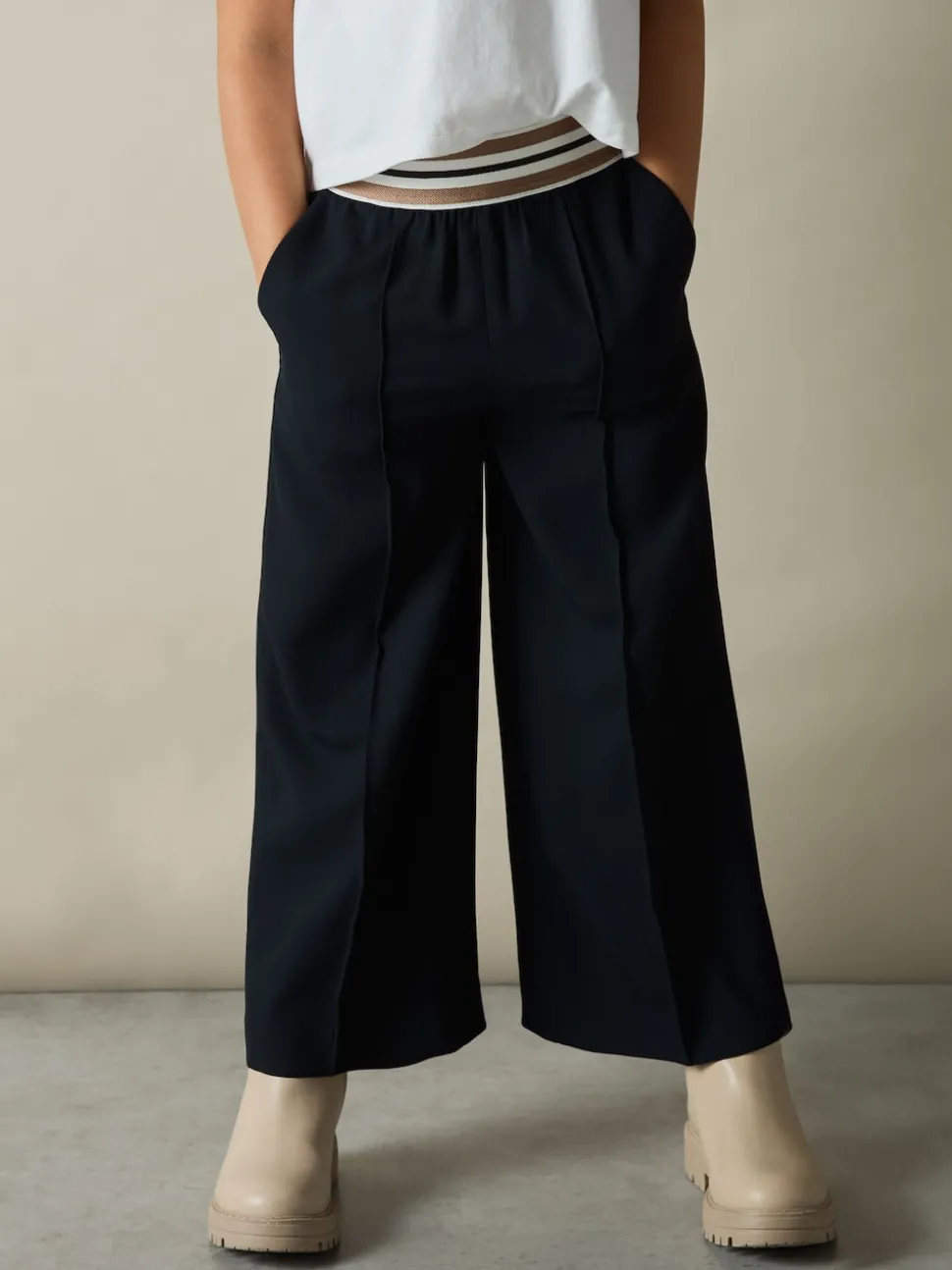 Reiss Navy Abs 9-13 yrs Stripe-Waistband Wide-Leg Trousers
