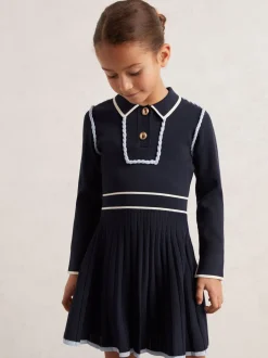 Reiss Navy Freya 3-9 yrs Piped Knitted Skater Dress