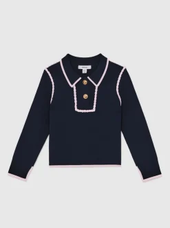 Reiss Navy Freya 3-9 yrs Piped Knitted Collar Top