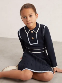 Reiss Navy Freya 9-13 yrs Piped Knitted Skater Dress