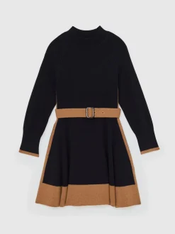 Reiss Navy Margaret 9-13 yrs Wool-Blend Belted Knitted Dress with Cashmere