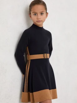Reiss Navy Margaret 13-14 yrs Wool-Blend Belted Knitted Dress with Cashmere