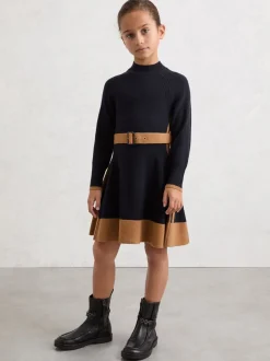 Reiss Navy Margaret 13-14 yrs Wool-Blend Belted Knitted Dress with Cashmere