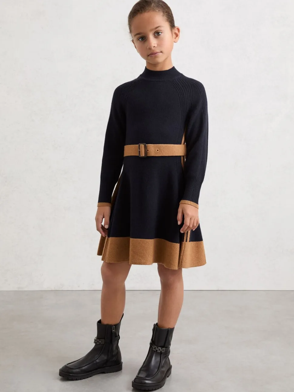 Reiss Navy Margaret 13-14 yrs Wool-Blend Belted Knitted Dress with Cashmere