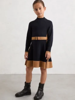 Reiss Navy Margaret 3-9 yrs Wool-Blend Belted Knitted Dress with Cashmere