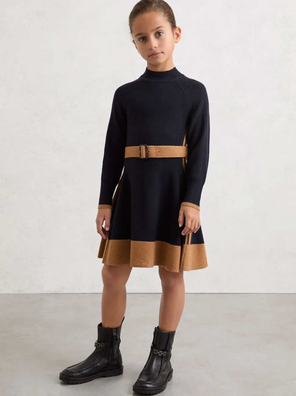 Reiss Navy Margaret 3-9 yrs Wool-Blend Belted Knitted Dress with Cashmere