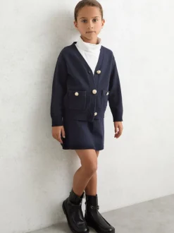Reiss Navy Mila 3-9 yrs Knitted Embossed-Button Cardigan