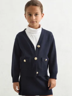 Reiss Navy Mila 9-13 yrs Knitted Embossed-Button Cardigan