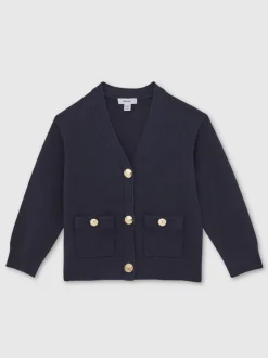 Reiss Navy Mila 9-13 yrs Knitted Embossed-Button Cardigan