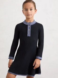 Reiss Navy Rudy 9-13 yrs Contrast-Trim Rib-Knit Skater Dress