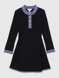 Reiss Navy Rudy 13-14 yrs Contrast-Trim Rib-Knit Skater Dress