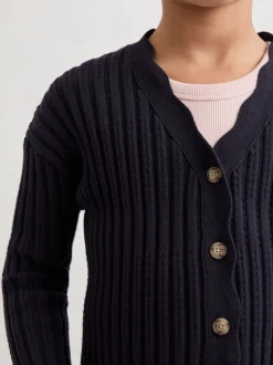 Reiss Navy Seren 9-13 yrs Rib-Knit Pointelle Cardigan