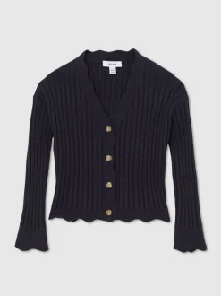 Reiss Navy Seren 13-14 yrs Rib-Knit Pointelle Cardigan