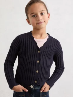 Reiss Navy Seren 13-14 yrs Rib-Knit Pointelle Cardigan