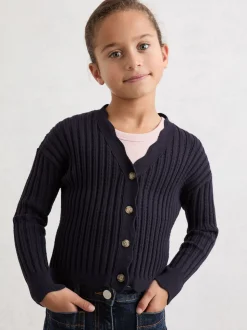 Reiss Navy Seren 3-9 yrs Rib-Knit Pointelle Cardigan