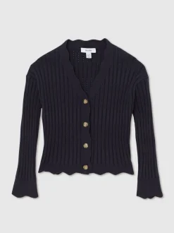 Reiss Navy Seren 3-9 yrs Rib-Knit Pointelle Cardigan