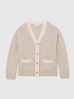 Reiss Neutral Eloise 9-13 yrs Wool-Blend Tipped Cardigan with Cashmere