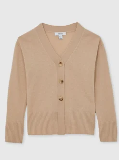 Reiss Neutral Tyla 9-13 yrs Wool-Blend Fitted Cardigan With Cashmere