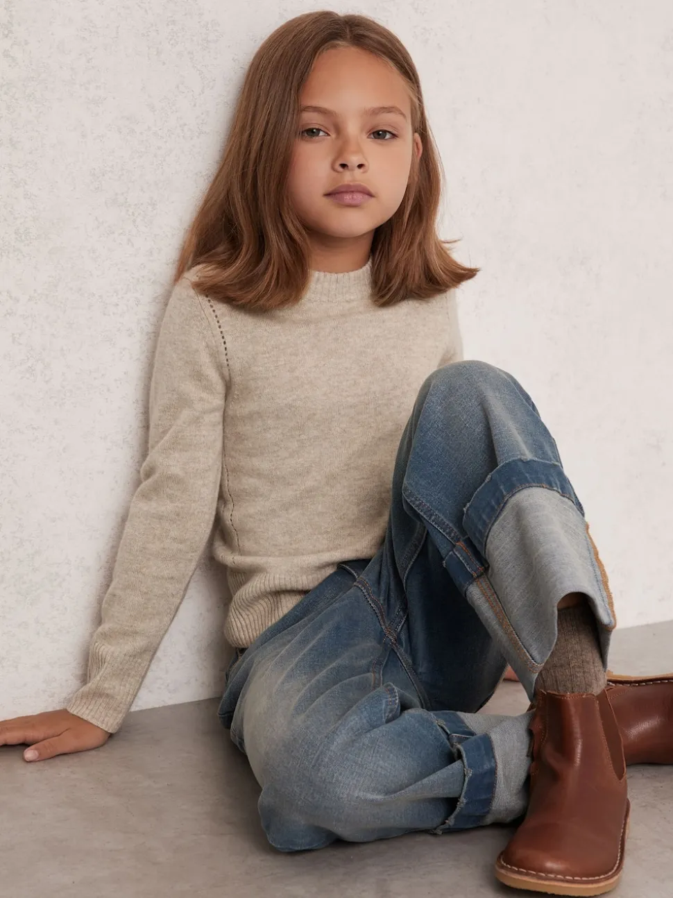 Reiss Oatmeal Anya 3-9 yrs Wool-Blend Open-Stitch Jumper with Cashmere