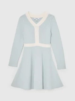Reiss Pale Blue Alma 13-14 yrs Craft-Stitch Rib-Knit Dress