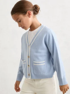 Reiss Pale Blue Eloise 3-9 yrs Wool-Blend Tipped Cardigan with Cashmere
