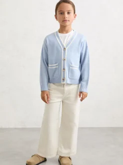 Reiss Pale Blue Eloise 13-14 yrs Wool-Blend Tipped Cardigan with Cashmere