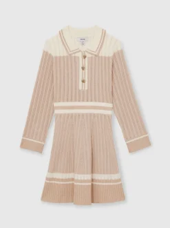Reiss Pale Pink Colette 13-14 yrs Rib-Knit Pointelle Flared Dress