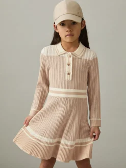 Reiss Pale Pink Colette 13-14 yrs Rib-Knit Pointelle Flared Dress