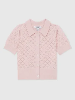Reiss Pink Ava 13-14 yrs Cotton and Wool Heart-Pointelle Top
