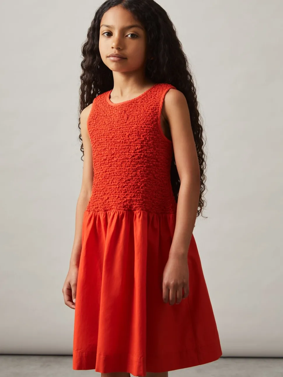 Reiss Red Annabella 9-13 yrs Cotton Shirred-Bodice Dress