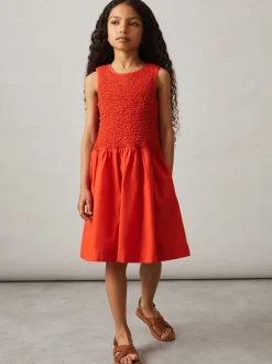 Reiss Red Annabella 9-13 yrs Cotton Shirred-Bodice Dress
