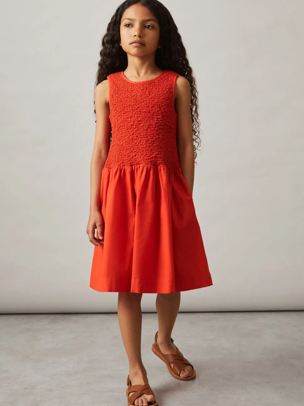 Reiss Red Annabella 9-13 yrs Cotton Shirred-Bodice Dress